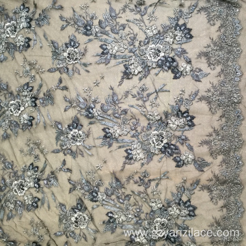 Black Beaded 3D flower Handework Fabric for Dress